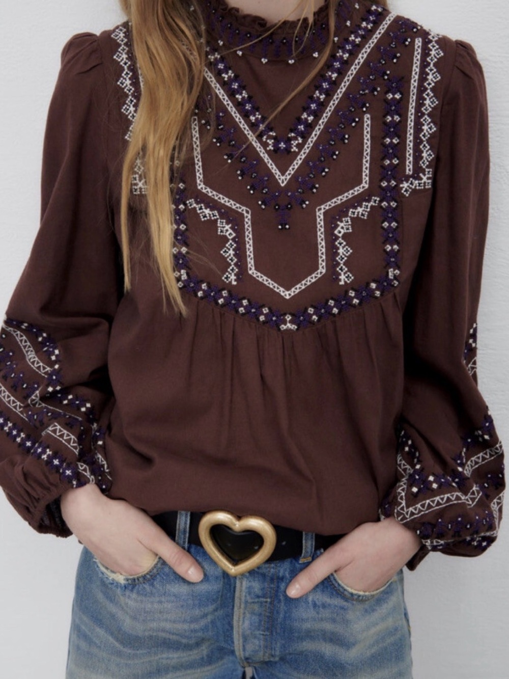 Zara Boho Embroidered Brown Blouse